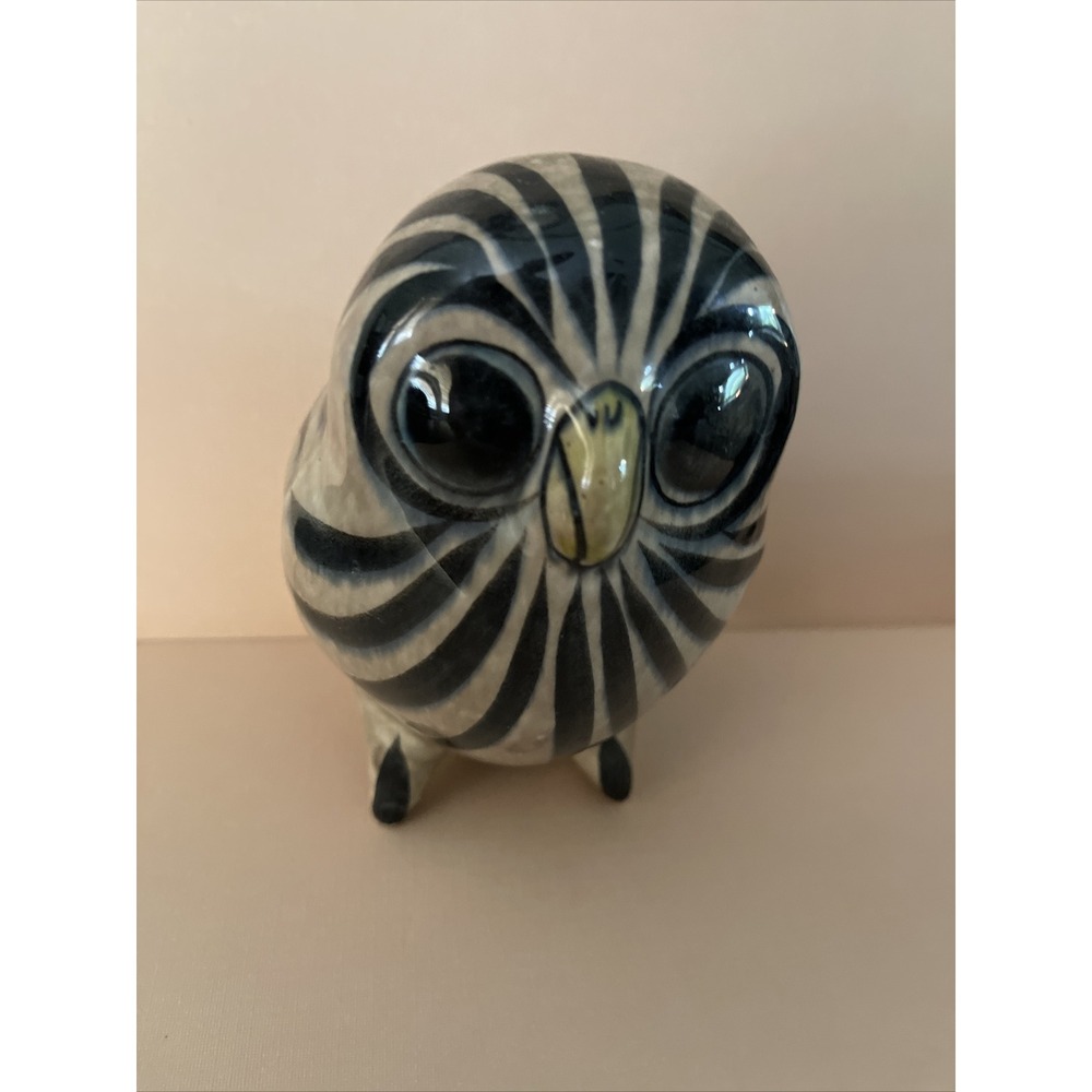 Vintage Mexico Tonala Folk Art Pottery Owl Figurine Signed CAT Blue Bird Big Eye